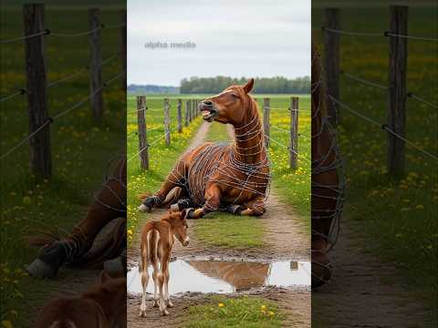 Brave Baby Foal Rescues Mother Mare Trapped Deadly Barbed Wires! #humanity #horse #animals #pets