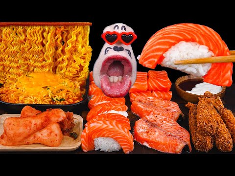 Amazing Homemade Mukbang: Salmon Sushi, Grilled Salmon Steak, Cheese Ramen, and Shrimp Tempura ASMR