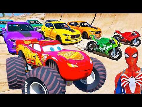 CARROS e MOTOS com HOMEM-ARANHA e AMIGOS! Novo Desafio CARRO Monstro na Mega Rampa - GTA 5
