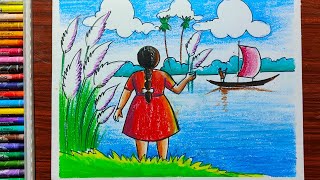 saratkaler scenery draing ith oil pastel color step by step for beginners,autumn seasons draing,