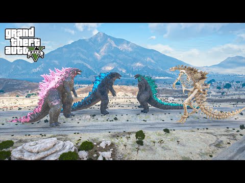 Godzilla 2024 and Godzilla Prime vs Legendary Godzilla and Skeleton Godzilla GTA 5