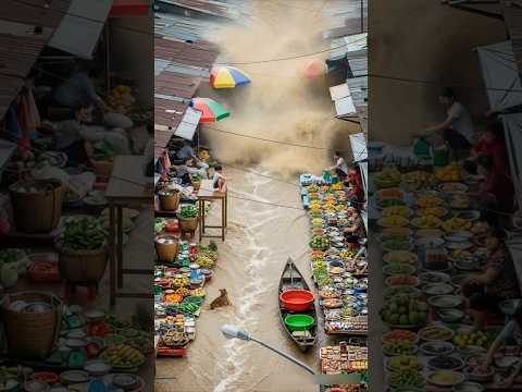 Flash Flood at Asian Street Market – Sudden Market Collapse 😱