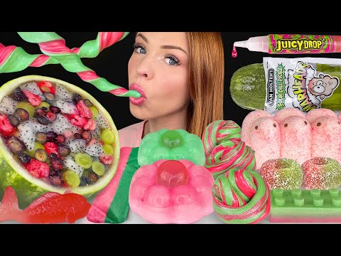 ASMR MUKBANG, Watermelon Desserts, Warheads Extreme Sour Pickle, Edible Slime, Wax Candy Drink 먹방