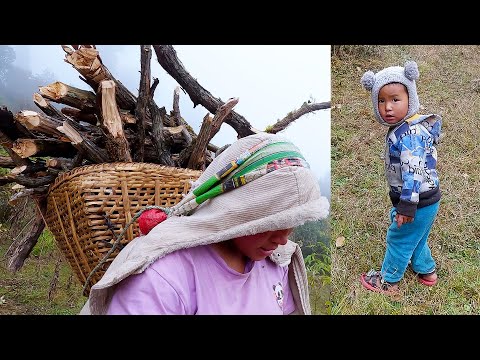 Jonson & mom cutting dry firewood II Young mother & son's daily life in Rural Nepal