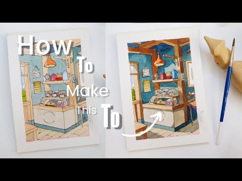 “Step by step color shading tutorials:watercolor cafe “