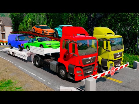 Quadruple Trucks Transporting cars with Flatbed Trailers | Cars vs Speedbump vs Train vs Pothole #24