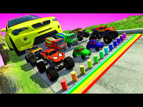 Big and Small Car & Mixer Truck and Monster Trucks High Speed With Speed Bump - HT Gameplay Official