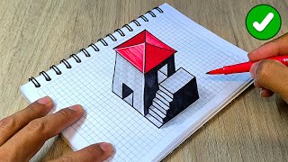 Dibujo 3D 👉 Como Dibujar una Casa ilusion Optica Sobre Cuaderno ✅
