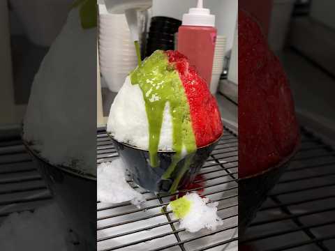 Condensed milk shaved ice with 1/2 strawberry 1/2 melon. Get this from Monday to Sunday cafe