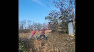 A tree grew into the roof of the old shed. Let's cut that down right quick.