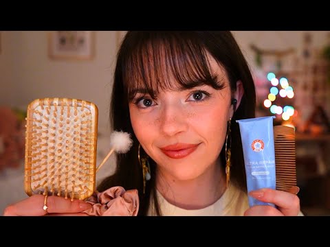 ASMR Cozy Winter Personal Attention (hairbrushing, skincare, stress plucking, layered sounds)