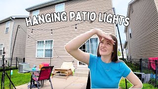 Hanging patio string lights! DIY small backyard makeover! Realistic home project!