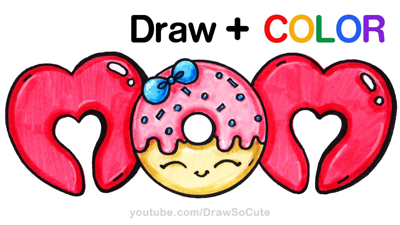 How to Draw + Color MOM bubble letters with Donut step by step Cute