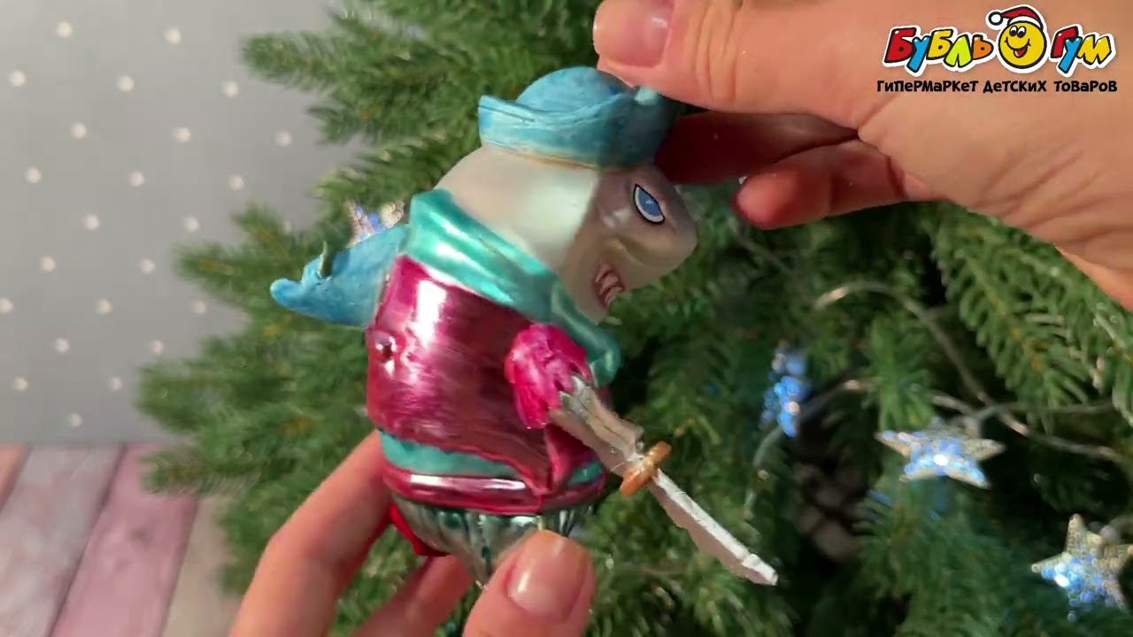 Елочная игрушка Акула-пират серая стеклянная 12см - видео