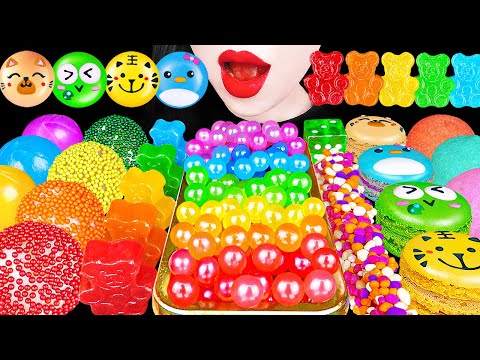 ASMR RAINBOW DESSERTS 무지개 팝핑보바 DIY 마카롱 하리보 코하쿠토 HARIBO KOHAKUTO POPPING BOBA DIY MACARONS MUKBANG 먹방