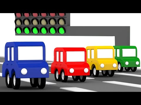 Vamos correr com os quatro carros coloridos! Desenho animado infantil. Desenhos animados