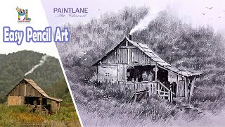 How to draw Wooden House in Hill Area with Pencil || Pencil Shading