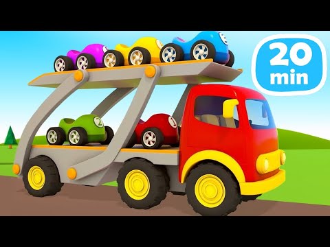 El camión transportador de coches. Vehículos de servicio. Dibujos animados de coches de carreras.