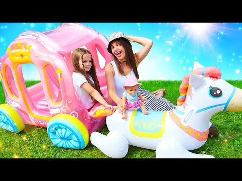 🦄Andiamo in viaggio in carrozza con l'unicorno! Giochi per bambini con bambole insieme a Maya e Lina