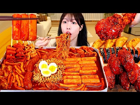 ASMR MUKBANG| 직접 만든 라면 떡볶이 양념치킨 치즈 김밥 먹방 & 레시피 FRIED CHICKEN AND Tteokbokki EATING