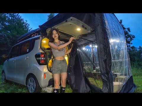 아무도 없는 숲속 소형 캠핑카에 자동차 텐트를 연결해 차박하기🚙 | 매콤달콤 떡꼬치와 버섯으로 만든 파스타