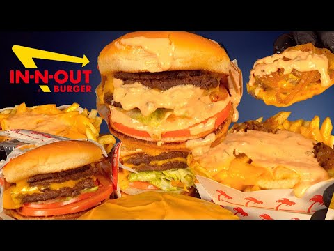 ASMR MUKBANG IN-N-OUT ONION WRAPPED FLYING DUTCHMAN ANIMAL STYLE BURGERS & FRIES | WITH CHEESE