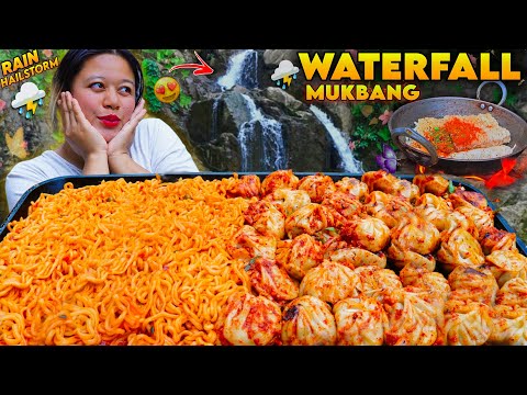 WATERFALL MUKBANG GONE WRONG 😲⛈️🌧️ HAILSTORM & HEAVY RAIN RUINED EVERYTHING! SPICY NOODLES & MOMO 🔥