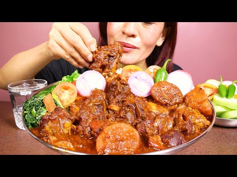 SPICY MUTTON CURRY AND EXTRA GRAVY WITH BASMATI RICE, SALAD #ASMR/EATING SHOW BIG BITES #MUKBANG