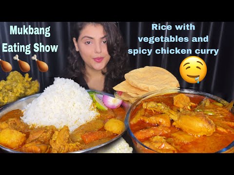 Eating Spicy Chicken Curry with Rice, vegetable Fry, Papad | Eating Show