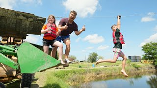 Using Tractors to Zipline into Lake | Tractors for kids