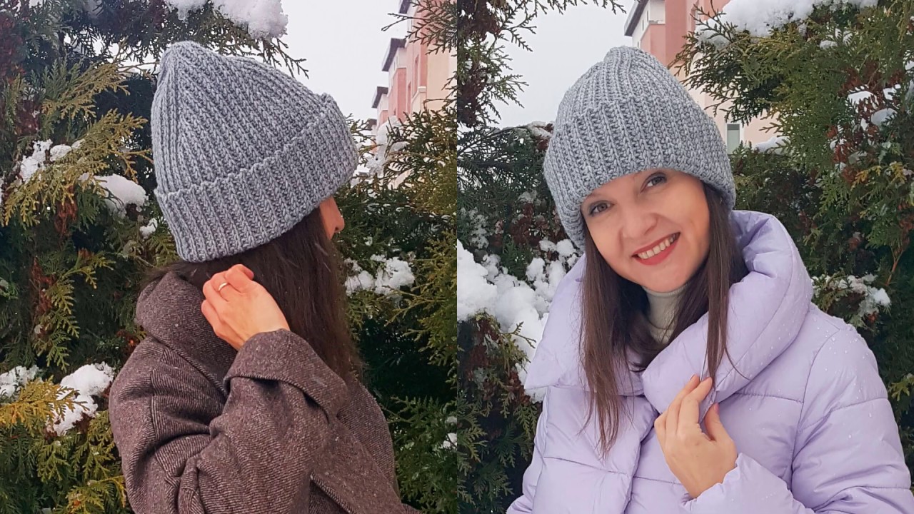 Шапка бини вяжем крючком (фасон 2021! Модная макушка! Английская резинка крючком)