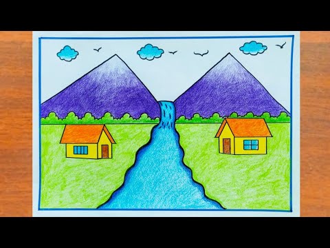 Scenery Drawing / How to Draw a Simple Landscape Step By Step Very Easy / Landscape Drawing Easy