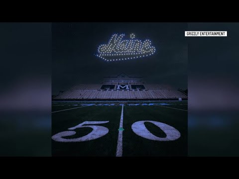 YouTube video thumbnail: Drone Show Lights up Night Sky During UMaine Homecoming Celebration
