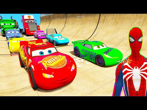 SPIDERMAN Vs HULK McQueen Friends CARS CONTAINER Ramp Challenge ! SUPERHERO Mack Truck Race  - GTA V