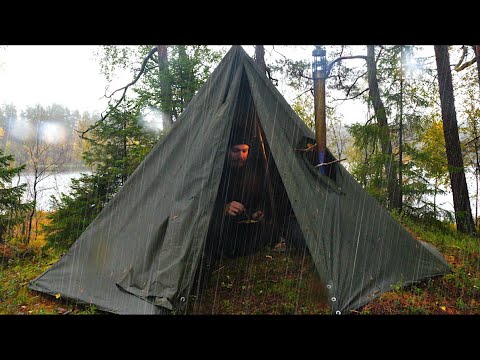 Hot Tent Camping in the Rain - Catch and Cook