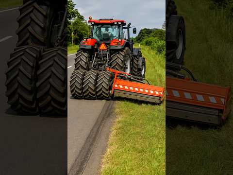 Tractor mows roadside: effective cleaning of road grass with special equipment