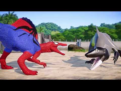 Captain America vs. Batman Shark and Spider-Man Spinosaurus Dinosaurs Fight Jurassic Park