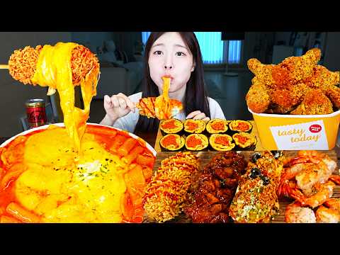 ASMR MUKBANG| 치즈떡볶이 양념치킨 핫도그 김밥 새우튀김 먹방 & 레시피 FRIED CHICKEN AND Tteokbokki EATING