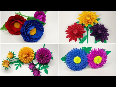 4 different and Beautiful Paper Flower Making Idea || Paper Flowers || How to make paper flowers