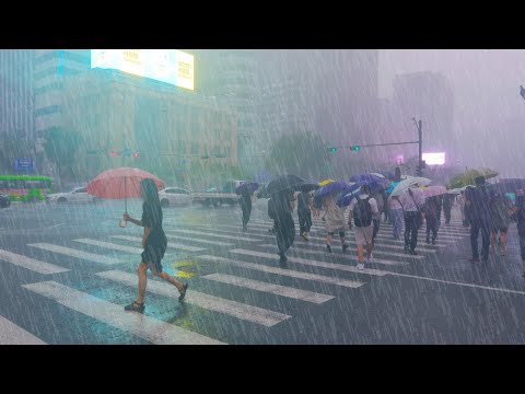 서울 광화문, 종로 기록적인 폭우 물폭탄! 출근길 시야가 안보입니다! 시청-청계천-종로-경복궁-광화문 사거리 도시 백색소음, Rain ASMR, 빗소리 ASMR, 서울 여행 워커