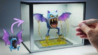 Diorama of a realistic Pokemon bat caught in a sticky trap lab