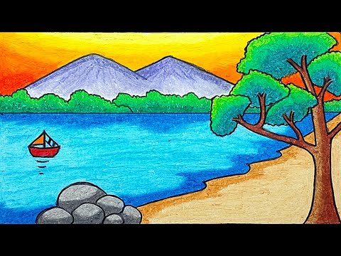 Easy Scenery Drawing | How To Draw Beautiful Lake And Montain Scenery Step by Step With Oil Pastels