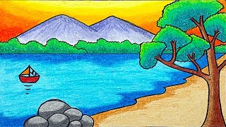 Easy Scenery Drawing | How To Draw Beautiful Lake And Montain Scenery Step by Step With Oil Pastels