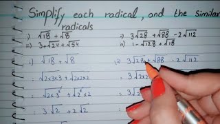 Simplify each Radical and similar radicals | √18+√8 | 3√28+√88-2√112 | 3+√24+√54 | 1-√128+√18