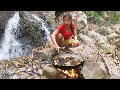 Survival in forest: Catch and cook Shell for survival food, Shell hot chili cooking for dinner