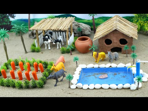 DIY Farm Diorama with house for cow, barn | mini hand pump supply water for animals