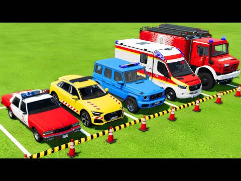 TRANSPORTING POLICE CARS, AMBULANCE CAR, FIRE DEPARTMENT WITH TRUCKS ! Farming Simulator 22