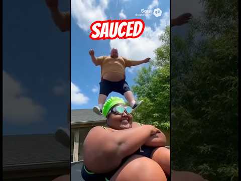 Big People Jumping Trampoline to Pool #jumping #trampoline #biggirl #fatguy #pool