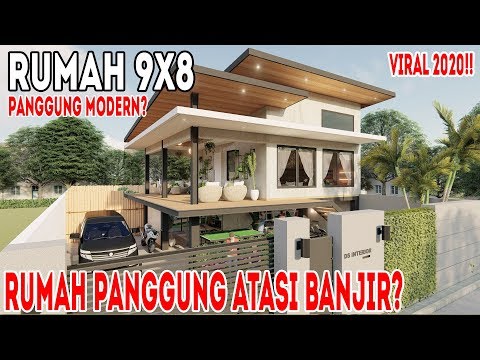 Desain rumah panggung modern 9x8 dengan air terjun kolam koi