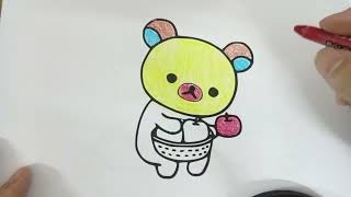 Instructions for coloring a picture of a bear carrying a basket of fruit